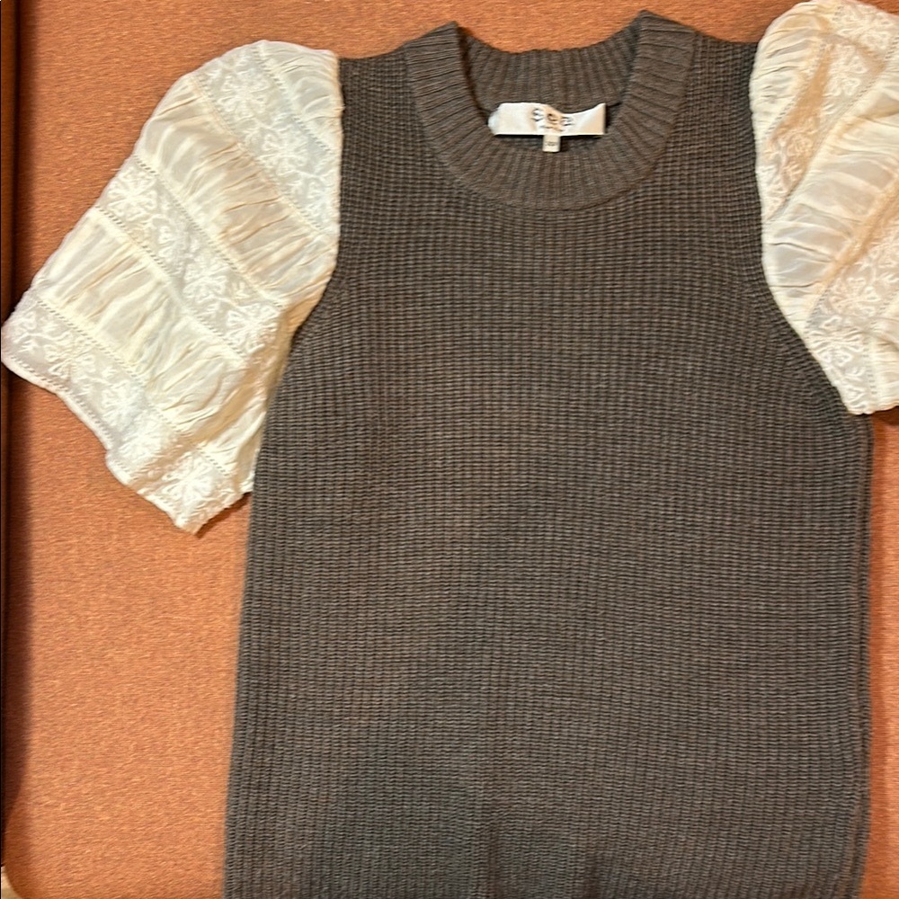Chic Brown Knit Top with Cream Puff Sleeves